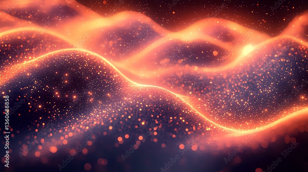 Poster glowing orange energy waves flow through starry space creating dynamic motion effect against dark ba