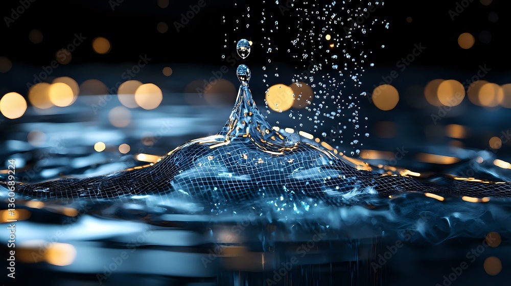 Poster water drop crown splash with golden bokeh lights creating magical atmosphere on dark blue surface, f