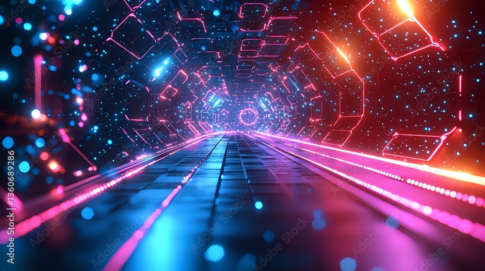 Poster futuristic neon tunnel with glowing blue and pink lights creating dynamic perspective. abstract digi