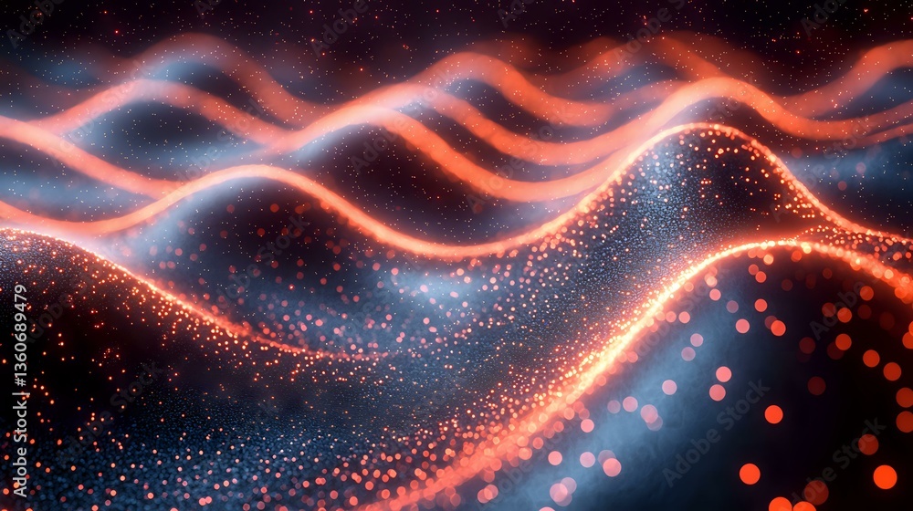 Poster abstract glowing coral waves with sparkles and particles flowing on dark background, luminous neon l