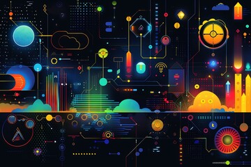 Obraz premium Futuristic eco pattern illustration with layered digital motifs abstract renewable symbols and vibrant gradients in a modern design Pattern modern vibrant