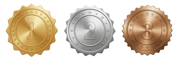 first second third place medals, gold silver bronze badge