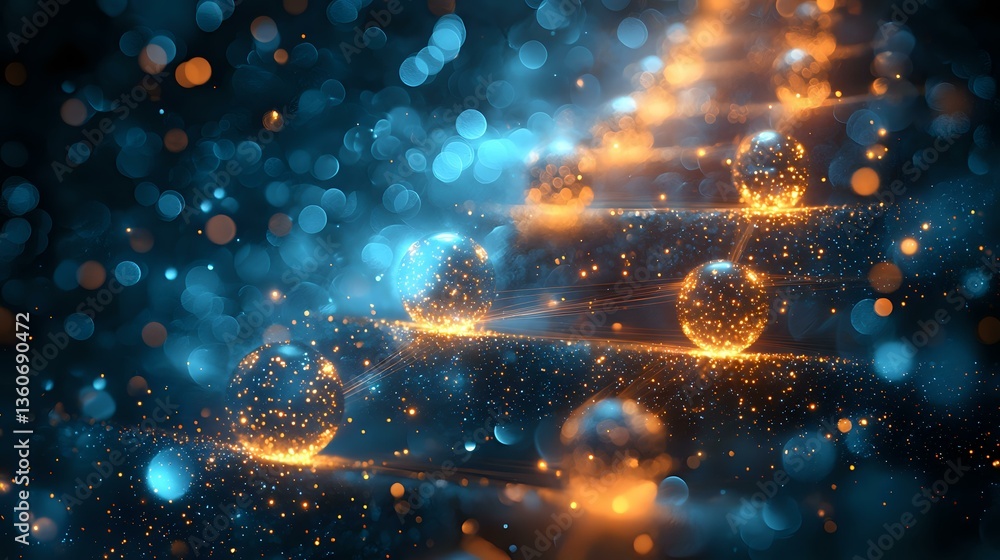 Poster magical glowing particles with orange and blue bokeh effects create ethereal atmosphere against dark
