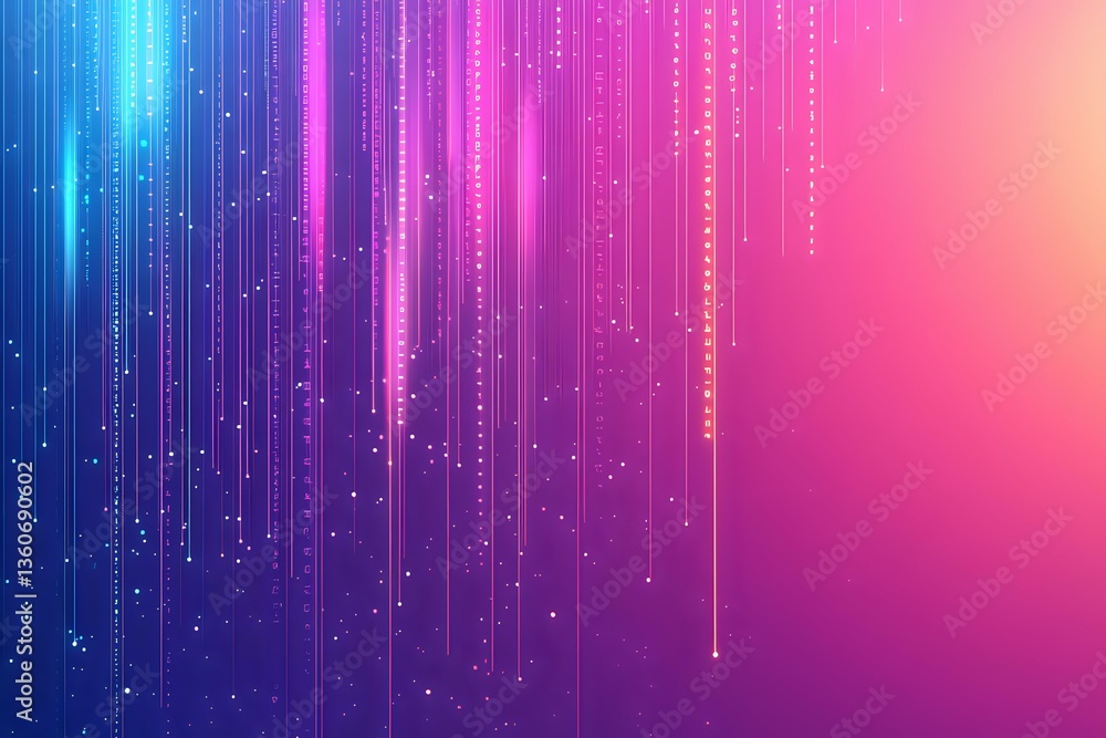 Poster glowing digital rain effect with streaming light particles on gradient background from deep blue to 