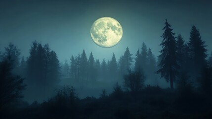 Full moon over misty forest at night.