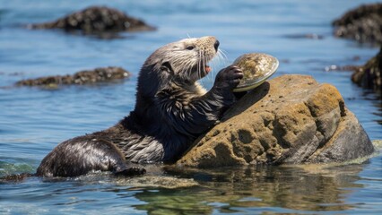 Obraz premium an otter floating in the ocean using a rock to crack a shell. A charming scene of an otter using a rock to get food