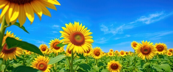 Vast sunflower field under a vibrant blue sky, agriculture, summer sky, yellow