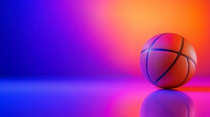 A vibrant basketball resting on a reflective surface with colorful gradient lighting in the background