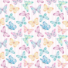 Seamless pattern with hand drawn colorful watercolor butterflies on pink stripes. Perfect for textile, wrapping paper, fabric, backdrop, wall hanging, scrapbooking, home decoration, bedding, wallpaper