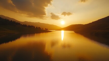 Fototapeta premium Golden sunset over calm lake reflecting sun, mountains in background.