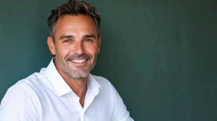 Obraz premium Middle-Aged Man in White Shirt with Relaxed Smile Against Solid Background
