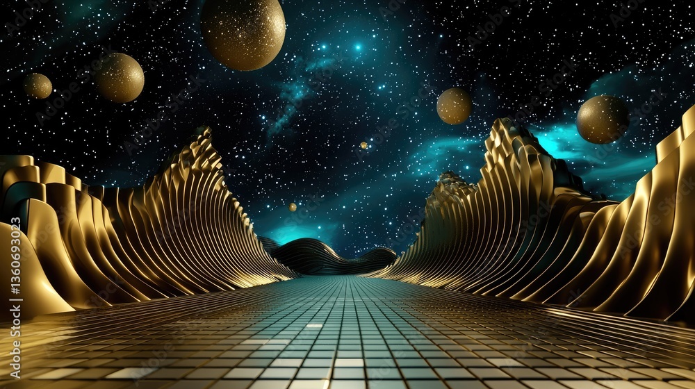 Poster abstract cyber particles glowing in a fluid wave pattern against a deep-space backdrop.