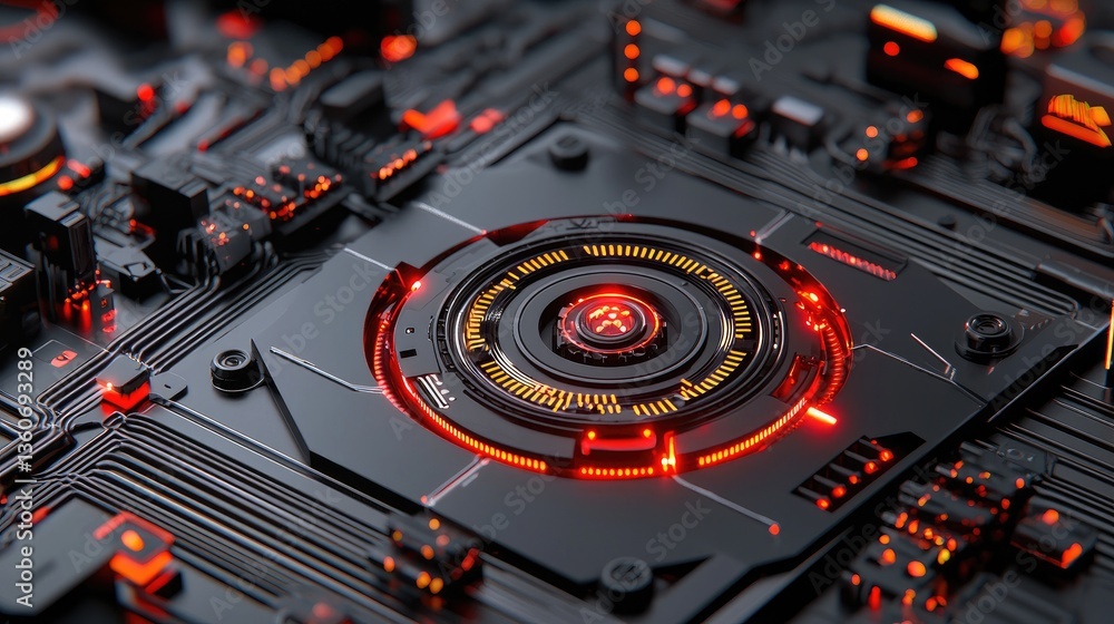 Poster abstract cybersecurity illustration with hacking defense symbols and digital encryption locks.