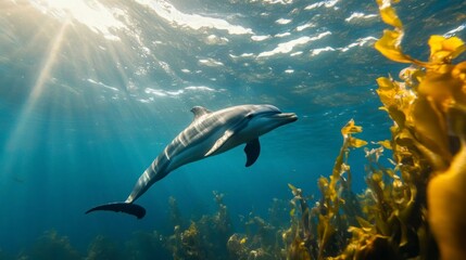 Fototapeta premium Dolphin swimming gracefully in vibrant underwater environment 