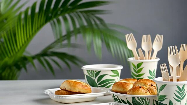 Eco-friendly disposable tableware with baked goods and greenery in a modern setting