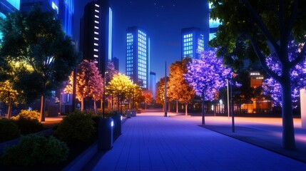 Vibrant city park at night with illuminated trees and modern buildings in the background