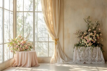 Elegant floral arrangements grace a bright room with large windows and curtains