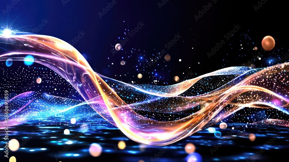 Poster abstract futuristic background with floating dots and light streaks representing connectivity.