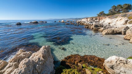 Fototapeta premium Coastal landscape with clear water and rocky shore under blue sky 