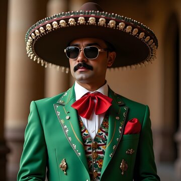 Charro Close-up Portrait
A close-up of a stylish man in sunglasses and traditional charro suit with detailed embroidery and a large sombrero, standing confidently.