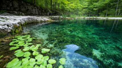 Tranquil lake surrounded by lush greenery with clear water  
