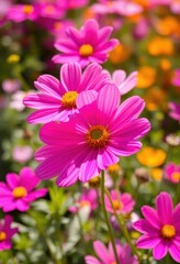 Cosmos flowers blooming in vibrant garden, sunlit petals, blossoms, autumn