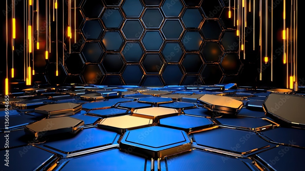 Aufkleber abstract hexagonal design with glowing blue tech elements, representing futuristic innovation.