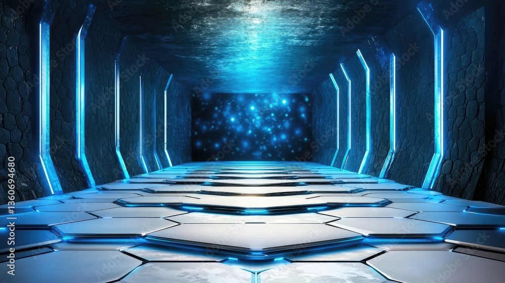Aufkleber abstract hexagonal design with glowing blue tech elements, representing futuristic innovation.