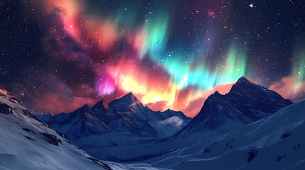 Glittering aurora borealis-like phenomenon unfolding above a snow-covered mountain range, snowy, radiant, mountainous. Celestial Unfolding. Illustration