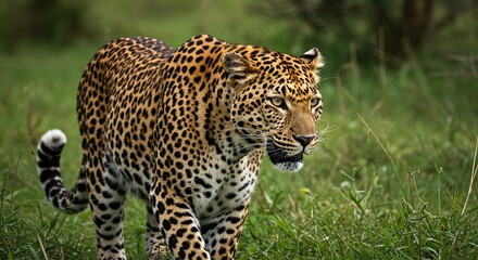 An elegant leopard is walking in the green grassy landscape