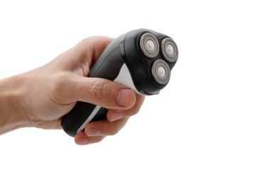 Hand holding electric shaver, use electric shaver. Cut out, on isolated white background.