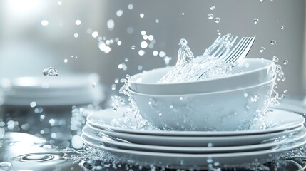 Clean white dishes stacked with water splashing around, soap bubbles. Water droplets, fork, knife on top of dishes. 3d illustration captures shine, clarity of dishes after thorough washing. Scene