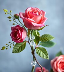 Delicate crystal rose stem, entwined with soft greenery & natural fiber botanical roses, refined, botanical