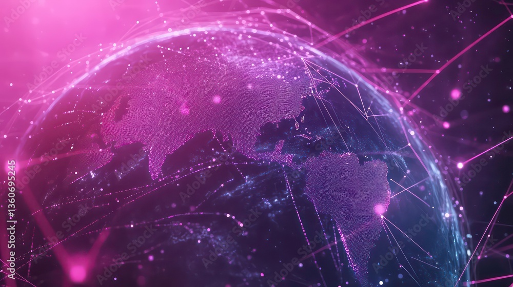 Poster global illustration shows earth with highlighted continents. modern design. connected lines create d