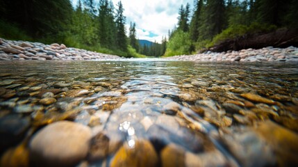Tranquil river flowing over smooth pebbles in a lush forest  