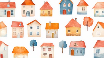 A seamless watercolor pattern featuring old houses and cottages.