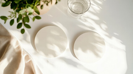 Round coaster mockup in a sunlit scene with leafy shadows. Two blank circular coasters are placed on a white surface next to a glass of water and a fabric napkin