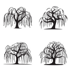Four Elegant Black and White Willow Tree Silhouettes