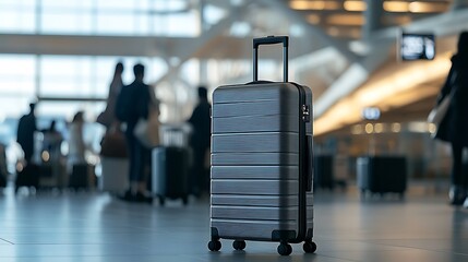 Suitcase in airport terminal with blurred passengers.
