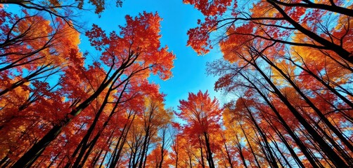 Heart-shaped blue sky peeking through autumn forest canopy, orange, breathtaking