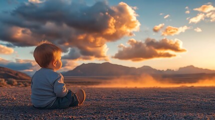 Baby sitting on desert road watching sunset.