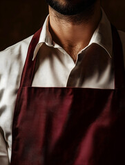 Empty for text burgundy apron on a male person wearing a white shirt, lifestyle, copy space
