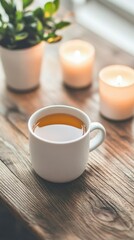 Relaxing Tea in a White Cup with Candles and Green Plant Background  