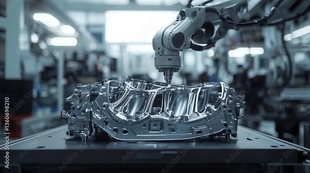 Poster robotic arm precision-machining a metallic engine part on factory floor.