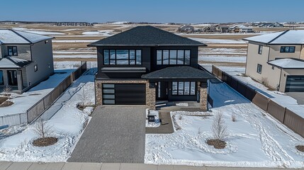 Modern house in a winter suburb. Family home, real estate, sale and rentals