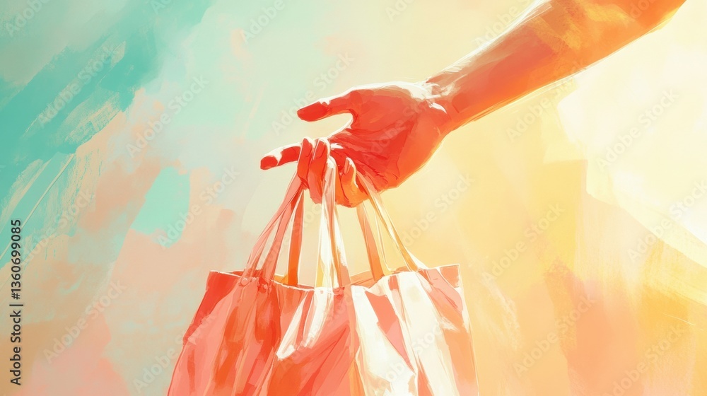 Aufkleber hand extends colorful grocery bag towards viewer in a bright and inviting atmosphere generative ai