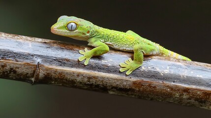 Fototapeta premium Jade green gecko clinging monochrome bamboo stalk tropical rainforest humidity details