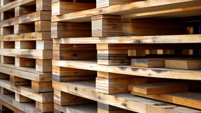 Amid warm tones of golden hour, wooden pallets are stacked in a warehouse, highlighting their rustic texture and craftsmanship against a soft background. The light enhances the wood grain