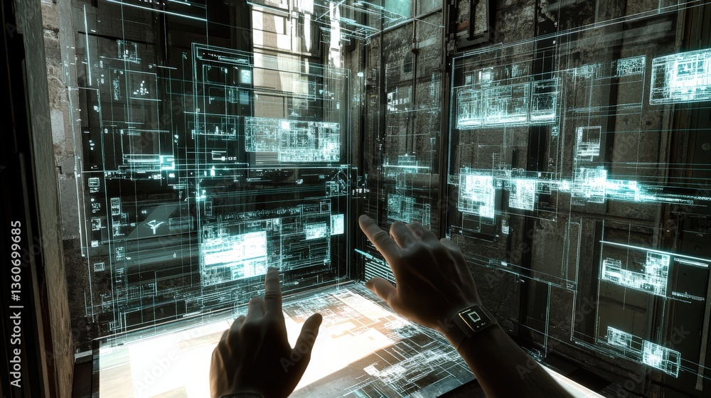 Poster person interacts with futuristic digital data interface in environment