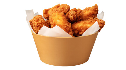 A close up of a bucket filled with fried chicken pieces and white paper on black backgroundisolated on transparent background	